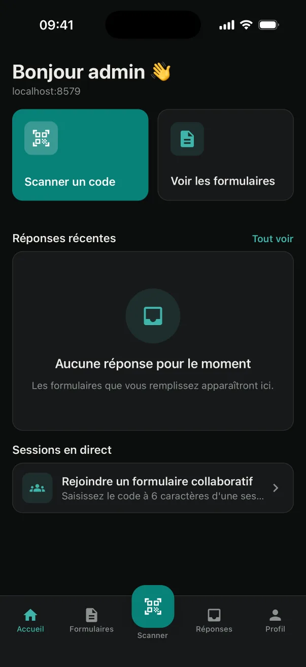 The app's home screen: scan a code, see your forms, join a live session.