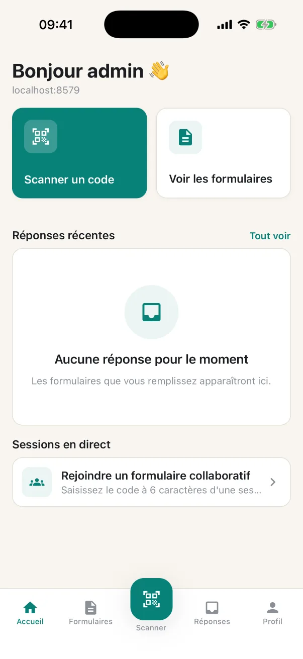 L’écran d’accueil de l’application : scanner un code, voir les formulaires, rejoindre une session en direct.
