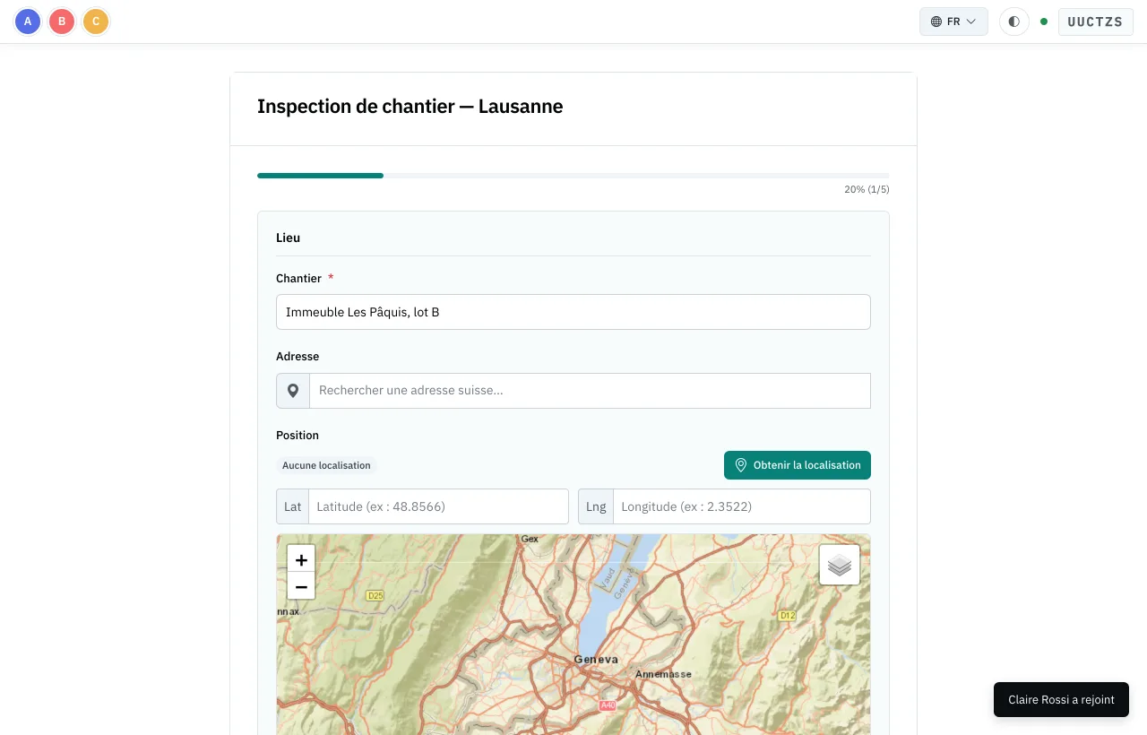 Une inspection remplie à trois : les initiales des participants en haut, le code de la session, et l’avis « Claire Rossi a rejoint ».